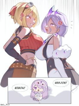 Rule 34 | blonde hair, blush, breasts, chest jewel, colored inner hair, commentary, dress, english commentary, gem, goggles, goggles on head, grey hair, highres, hololive, hololive english, hololive indonesia, jewelry, kaela kovalskia, kaela kovalskia (4th costume), koseki bijou, large breasts, long hair, looking at viewer, momseki (koseki bijou), multicolored hair, multiple girls, pebble (koseki bijou), purple eyes, purple gem, said ard, short hair, virtual youtuber, white dress