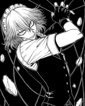 1girl alternate_costume braid cigarette commentary_request cosplay debris fingerless_gloves gloves greyscale hellsing highres izayoi_sakuya long_hair looking_at_viewer maid_headdress monochrome puffy_short_sleeves puffy_sleeves ryoan_(voyagehermitage) short_sleeves smile solo string touhou vest walter_c._dornez walter_c._dornez_(cosplay)