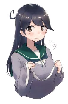 Rule 34 | 1girl, absurdres, ahoge, artist logo, black hair, blue sailor collar, brown eyes, commentary request, cropped torso, grey sweater, highres, holding, kantai collection, logo, long hair, looking at viewer, ma rukan, ribbon, sailor collar, school uniform, serafuku, simple background, solo, sweater, upper body, ushio (kancolle), white background, white ribbon