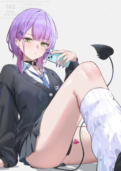 1girl alternate_costume barbell_piercing black_cardigan black_choker black_skirt blue_necktie cardigan cellphone choker collared_shirt commentary_request demon_girl demon_tail ear_piercing gradient_hair green_eyes hair_ornament hairclip highres hiragi_1014 holding holding_phone hololive industrial_piercing knee_up leg_warmers looking_at_viewer miniskirt multicolored_hair necktie o-ring o-ring_choker phone piercing pink_hair pleated_skirt pointy_ears purple_hair school_uniform shirt short_hair simple_background skirt smartphone solo tail tail_ornament tail_piercing tokoyami_towa virtual_youtuber white_leg_warmers white_shirt