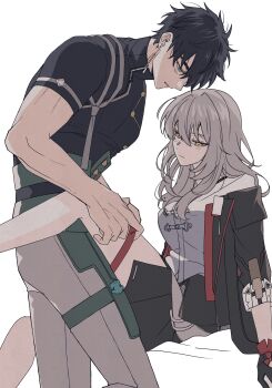 Rule 34 | 1boy, 1girl, absurdres, black gloves, black hair, black jacket, black shirt, black skirt, breasts, brown pants, chinese clothes, commentary request, dan heng (honkai: star rail), dan heng (hunt) (honkai: star rail), earrings, feet out of frame, gloves, green eyes, grey hair, hand in another's clothes, hetero, highres, honkai: star rail, honkai (series), jacket, jewelry, jorim genshin01, large breasts, leg up, long hair, looking at another, official alternate costume, pants, shirt, simple background, sitting, skirt, standing, stelle (honkai: star rail), stelle (vim and vigor) (honkai: star rail), thigh strap, trailblazer (honkai: star rail), white background, white shirt, yellow eyes