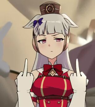 1girl :| animal_ears animated armband artist_name blunt_bangs bow bowtie brown_hat closed_mouth double_middle_finger dress ear_bow ear_covers gold_ship_(red_strife)_(umamusume) gold_ship_(umamusume) hands_up hat horse_ears horse_girl horse_tail indoors long_hair looking_at_viewer looping_animation meme middle_finger photo-referenced pillbox_hat purple_eyes red_armband red_bow red_bowtie red_dress rigby_the_cat_(meme) sleeveless sleeveless_dress suggestive_fluid tagme tail the_freakin_yui umamusume upper_body video
