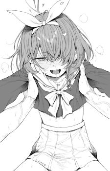 1boy 1girl arona_(blue_archive) blue_archive blush braid commentary daiji_pt greyscale hair_over_one_eye hairband halo heart heart_halo highres implied_sex long_sleeves looking_at_viewer monochrome open_mouth pleated_skirt pov sailor_collar saliva school_uniform serafuku simple_background single_braid skirt sweat symbol-only_commentary teeth upper_teeth_only white_background