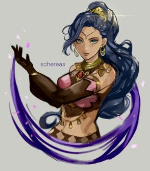 1girl blue_eyes blue_hair dancer dark-skinned_female dark_skin earrings fire_emblem fire_emblem:_fortune's_weave gold_choker gold_earrings high_ponytail highres hoop_earrings jewelry leda_(fire_emblem) looking_at_viewer nintendo ponytail schereas solo