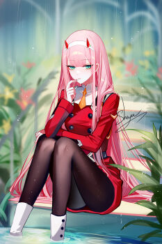 1girl artist_name black_pantyhose boots darling_in_the_franxx dress green_eyes hand_up highres horns long_hair looking_at_viewer necktie pantyhose pink_hair rain red_dress sheya short_dress signature sitting soaking_feet solo very_long_hair water white_boots yellow_necktie zero_two_(darling_in_the_franxx)