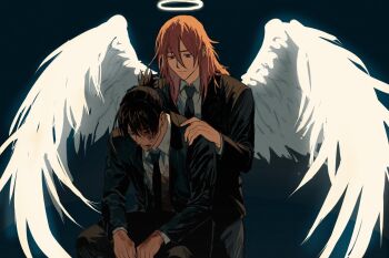 Rule 34 | 2boys, angel devil (chainsaw man), angel wings, black hair, black necktie, blood, blood on clothes, blood on face, bruise, bruise on face, bul jelly, chainsaw man, closed mouth, collared shirt, formal clothes, hair between eyes, halo, hand on another's shoulder, hayakawa aki, injury, jacket, long hair, male focus, multiple boys, necktie, open clothes, open jacket, shirt, short hair, standing, suit, suit jacket, topknot, traditional halo, white shirt, white wings, wings