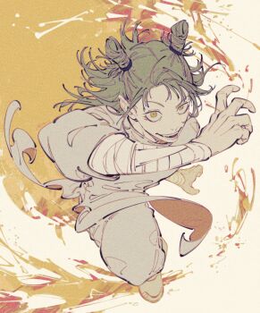 1boy arm_up bandaged_arm bandages commentary double_bun film_grain fingernails full_body green_hair grey_pants grey_shirt hair_bun highres jujutsu_kaisen kashimo_hajime looking_at_viewer male_focus mim_(mimya0600) open_mouth pants sanpaku shirt shoes smile solo teeth yellow_eyes