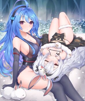 2girls :o absurdres ahoge alternate_costume animal_ears azur_lane bare_shoulders black_kimono black_thighhighs blue_hair blush bodystocking breasts butterfly_hair_ornament cleavage collarbone commentary crossed_bangs dress elbow_gloves english_commentary fake_animal_ears flower fur-trimmed_kimono fur-trimmed_thighhighs fur_thigh_strap fur_trim gloves hair_between_eyes hair_ornament hairband helena_(azur_lane) highres japanese_clothes kimono kyl490 laffey_(azur_lane) laffey_ii_(azur_lane) laffey_ii_(lady_laffey&#039;s_languid_tour)_(azur_lane) lap_pillow leaf_print light_particles long_hair looking_at_viewer mask mask_on_head medium_breasts messy_hair multiple_girls official_alternate_costume one_eye_closed open_mouth parted_lips plant pom_pom_(clothes) purple_dress purple_eyes rabbit rabbit_ears rabbit_mask rabbit_ornament red_eyes red_ribbon ribbon sitting sleeping small_breasts thighhighs thighs tree twintails very_long_hair white_hair white_rabbit_(animal) wide_sleeves