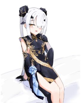 1girl above-cleavage_cutout alternate_costume alternate_hairstyle arm_at_side black_bow black_dress black_flower black_gloves black_sleeves blue_flower blue_rose borrowed_design bow china_dress chinese_clothes clothing_cutout cowboy_shot detached_sleeves dragon_print dress eyes_visible_through_hair fate/grand_order fate_(series) flat_chest flower gloves hair_flower hair_ornament hair_over_one_eye hand_up highres long_bangs long_hair long_sleeves looking_at_viewer melusine_(fate) nicho one_eye_covered pankou pelvic_curtain petite print_dress rose short_dress side_slit sidelocks simple_background sitting sleeveless sleeveless_dress solo twintails very_long_hair waist_bow white_background white_hair wing_hair_ornament yellow_eyes