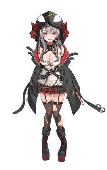 1girl 3d :d animal_collar animal_hood arms_behind_back bare_shoulders belt black_boots black_coat black_collar black_hair black_hood blush boots bow braid breasts brown_thighhighs camisole caution_tape cleavage coat collar colored_shoe_soles criss-cross_straps frilled_camisole frills full_body garter_straps grey_hair hair_ornament hairclip heart heart_collar heart_o-ring highres hololive hood hood_up jacket lace-up_boots large_breasts leaning_forward long_hair looking_at_viewer miniskirt multicolored_hair o-ring o-ring_thigh_strap off_shoulder official_art open_clothes open_coat open_mouth orca_hood parsley-f_(style) plaid_bow plaid_clothes plaid_skirt platform_boots platform_footwear pleated_skirt red_bow red_eyes red_skirt sakamata_chloe sakamata_chloe_(1st_costume) second-party_source side_braid simple_background skirt smile solo streaked_hair studded_belt tachi-e thigh_strap thighhighs torn_clothes torn_thighhighs transparent_background two-sided_fabric two-sided_jacket two-tone_hair ukmey virtual_youtuber white_camisole x_hair_ornament