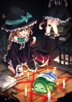 2girls :d absurdres annytf aqua_bow bag bandaid bandaid_on_knee bandaid_on_leg black_dress black_hat black_shoes black_socks book book_stack bow bowtie buttons cage candle cat_girl cat_tail commentary dress english_commentary evil_neuro-sama fox_tail frilled_dress frilled_hat frilled_sleeves frilled_socks frills from_above green_bow green_bowtie green_eyes hair_between_eyes hair_ribbon hat hat_bow head_out_of_frame heart heart-shaped_bandaid heart_button highres indoors kneehighs knees_together_feet_apart lighting_candle loafers long_sleeves lower_teeth_only multiple_girls neuro-sama nightcap off-shoulder_dress off_shoulder open_mouth pentagram pink_ribbon red_bag ribbon ritual sfroshi shoes short_dress shoulder_bag siblings sisters sitting sleeping smile socks summoning tail tail_bow tail_ornament teeth turtle twins two_side_up vedal987 vedal_ai virtual_youtuber wariza witch witch_hat wooden_floor