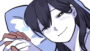1boy 1girl 2g7oo black_eyes black_hair bright_pupils colored_skin dark-skinned_male dark_skin double-parted_bangs hair_behind_ear hair_between_eyes half-closed_eyes hashtag-only_commentary head_on_pillow hero_(faraway)_(omori) hero_(omori) highres holding_hands long_hair looking_at_another looking_at_viewer mari_(omori) mari_(spirit)_(omori) omori pillow portrait shirt simple_background solo_focus white_background white_pupils white_shirt white_skin