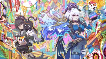 1boy 1girl black_gloves black_hair black_jacket black_pantyhose black_shorts black_thighhighs blue_bra bra chimera_(wuthering_waves) cloak closed_mouth commentary cropped_jacket dia_de_muertos english_commentary galbrena_(wuthering_waves) gloves grey_hair hair_between_eyes hand_up holding holding_paintbrush jacket keenbiscuit long_hair medium_hair paintbrush pantyhose qiuyuan_(wuthering_waves) shorts single_leg_pantyhose single_thighhigh tacet_discord_(wuthering_waves) thigh_strap thighhighs thighs underwear white_cloak wuthering_waves