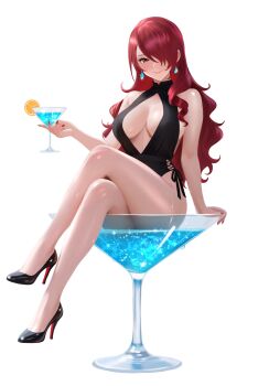 1girl bare_shoulders black_slingshot_swimsuit blush breasts closed_mouth cocktail_glass commentary crossed_legs cup drinking_glass earrings english_commentary food fruit full_body hair_over_one_eye high_heels highres holding holding_cup jewelry kirijou_mitsuru large_breasts legs long_hair looking_at_viewer mikan_zakuro orange_(fruit) orange_slice persona persona_3 red_eyes red_hair simple_background sitting slingshot_swimsuit smile solo swimsuit water