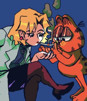 1boy 1girl akagi_ritsuko artist_request blonde_hair cat cigarette crossover earrings expressionless garfield garfield_(character) highres jewelry lab_coat neon_genesis_evangelion orange_fur pantyhose simple_background smoking what