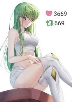 1girl absurdres bare_arms blush breasts budgiepon c.c. code_geass commentary crop_top crossed_bangs crossed_legs curvy english_commentary eyes_visible_through_hair feet_out_of_frame from_side green_hair hair_between_eyes heart highres lips long_hair looking_at_viewer medium_breasts navel parted_lips shirt shorts shy sidelocks simple_background sitting solo stomach straight_hair thighhighs thighs twitter_strip_game undressing very_long_hair white_background white_shirt white_shorts white_thighhighs yellow_eyes