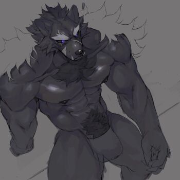 1boy abs absurdres animal_ears bara bark_man1 biceps black_fur blaidd_the_half-wolf bulge chest_hair collarbone commentary elden_ring fangs fangs_out furry furry_male highres looking_down male_focus muscular muscular_male nipples pectorals purple_eyes sitting topless_male unfinished wolf_boy wolf_ears
