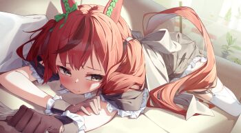 1girl absurdres alternate_costume animal_ears black_dress black_gloves black_streaks blush bow brown_hair brown_tail closed_mouth commentary couch dress ear_covers ear_ornament ear_ribbon frilled_dress frills gloves green_ribbon highres horse_ears horse_girl horse_tail long_hair lying maeru nice_nature_(umamusume) on_couch on_stomach ribbon solo tail thighs twintails umamusume