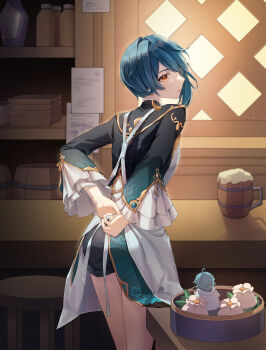 2boys absurdres adjusting_apron alcohol apron arms_behind_back bar_(place) barrel beer beer_mug bell_sleeves bishounen black_shirt black_shorts blue_hair bottle chinese_clothes chongyun_(genshin_impact) commentary cowboy_shot cup earrings frilled_sleeves frills from_behind genshin_impact gold_trim gradient_clothes gradient_shirt highres indoors jewelry leaning_forward legs_together light_particles long_sleeves mug multiple_boys parted_lips raon_3427 shirt short_hair short_shorts shorts solo_focus standing stool table tassel tassel_earrings turning_head white_apron wooden_table xingqiu_(genshin_impact) yellow_eyes