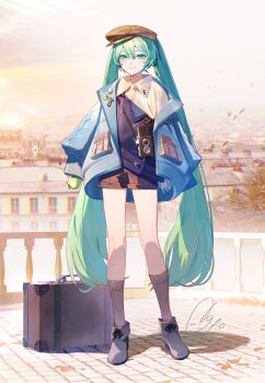 1girl agyou_sonokou_l aqua_eyes aqua_hair black_shorts blue_jacket blurry blurry_background brown_hat camera collared_shirt commentary_request food fruit full_body hair_between_eyes hair_ornament hat hatsune_miku highres holding holding_food holding_fruit jacket long_hair long_sleeves looking_at_viewer outdoors shirt short_shorts shorts smile solo spring_onion standing suitcase travel twintails very_long_hair vocaloid white_shirt