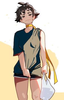 Rule 34 | 1girl, :|, bag, black hair, black shorts, blush, breasts, brown eyes, casual, choker, closed mouth, commentary request, facing viewer, highres, korean commentary, lineni, makoto (street fighter), nervous sweating, ribbon choker, shirt tucked in, shopping bag, short hair, shorts, sleeve rolled up, small breasts, solo, street fighter, sweat, yellow choker