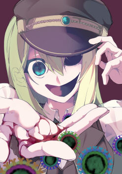 1girl absurdres alina_gray black_hat blood blood_on_hands blue_eyes collar gem green_gemstone green_hair hand_on_headwear hat highres hollow_eyes hollow_mouth kyoppogi looking_at_viewer magia_record:_mahou_shoujo_madoka_magica_gaiden mahou_shoujo_madoka_magica outstretched_hand peaked_cap solo virus white_collar