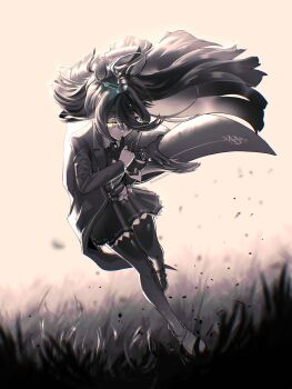 1girl absurdres adjusting_clothes adjusting_gloves animal_ears belt bramoncrepe coat collared_shirt eye_trail floating_clothes floating_hair frilled_skirt frills gloves hair_between_eyes hem_peeking_out highres holding holding_gloves holding_unworn_clothes horse_ears horse_girl horse_tail light_trail long_bangs long_hair_between_eyes long_sleeves manhattan_cafe_(creeping_shadow)_(umamusume) manhattan_cafe_(umamusume) open_clothes open_coat pantyhose pleated_skirt running shirt single_unworn_glove skirt solo spot_color tail umamusume unworn_gloves variant_set vest yellow_eyes