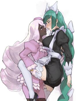 2girls apron ascot black_romper blunt_bangs blush bow bowtie braid braided_ponytail breasts brown_eyes dark-skinned_female dark_skin dress eye_contact fascinator fishnet_pantyhose fishnets frilled_ascot frills glove_bow gloves green_hair hair_ornament highres jacinthe_(pokemon) juliet_sleeves knee_up large_breasts lebanne_(pokemon) long_braid long_hair long_sleeves looking_at_another low_drills maid maid_apron maid_headdress master_and_servant mega_stone multiple_girls nintendo open_mouth pantyhose pokemon pokemon_legends:_z-a puffy_sleeves purple_dress purple_eyes purple_hair romper simple_background smile sweat tencryingemojis thighhighs tsurime very_dark_skin white_background white_bow white_bowtie white_gloves white_thighhighs yuri