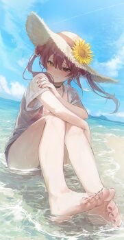 Rule 34 | 1girl, absurdres, bare legs, barefoot, beach, bikini, blue sky, blush, commentary request, eto sister, feet, flower, foot focus, foreshortening, hat, heterochromia, highres, hololive, houshou marine, houshou marine (summer), looking at viewer, nail polish, official alternate costume, outdoors, red bikini, red eyes, red hair, see-through clothes, shirt, sitting, sitting on water, sky, soles, straw hat, sunflower, swimsuit, toenail polish, toenails, toes, twintails, virtual youtuber, water, wet, wet clothes, wet shirt, yellow eyes