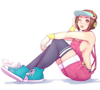 1girl breasts brown_eyes brown_hair cozy_heart cozyheart female_focus hat headphones huge_breasts large_breasts looking_at_viewer nipple_slip nipples one_eye_closed pale_skin panties shoes sneakers socks the_king_of_fighters thick_thighs thighs tongue tongue_out underwear wink yuri yuri_sakazaki