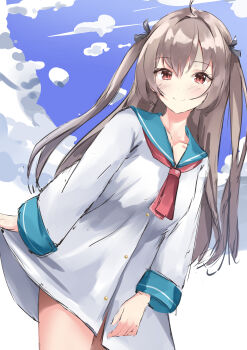 1girl absurdres aizawa_(aizawatsu) ascot atri atri-my_dear_moments- blue_sky blush bottomless commentary dress grey_hair hair_between_eyes highres light_smile long_hair looking_at_viewer red_ascot red_eyes sailor_collar sailor_dress shirt sky solo white_shirt