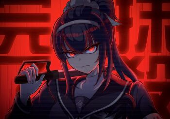 armband backlighting black_sailor_collar black_serafuku bodysuit bodysuit_under_clothes derivative_work frown glaring glowing glowing_eyes hairband hematomorphic_infusion_blade high_ponytail highres hole_in_chest hole_on_body last_defense_academy_school_uniform looking_at_viewer magadori_kyoshika over_shoulder ponytail red_background red_eyes red_theme sailor_collar scanlines school_uniform screenshot_redraw self-upload serafuku shaded_face soshu_(soshuscribbles) text_background the_hundred_line_-last_defense_academy- weapon weapon_over_shoulder white_armband white_bodysuit white_hairband