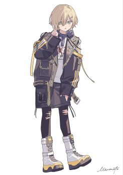 1boy :o arm_belt belt black_belt black_jacket black_leggings black_shorts blonde_hair blue_hood blush_stickers boots clothes_writing drawstring full_body green_eyes hair_intakes hair_ornament hair_over_one_eye hairpin highres hood hood_down hoodie jacket lace-up_boots lapels leggings looking_at_viewer loose_belt moo_n_moko nijisanji no_headwear notched_lapels open_belt open_clothes open_jacket parted_lips print_hoodie shoelaces short_hair shorts signature simple_background sleeves_past_wrists standing torn_clothes torn_leggings unzipped uzuki_kou uzuki_kou_(5th_costume) v virtual_youtuber white_background white_boots white_hoodie wolf_cut yellow_belt yellow_trim zipper