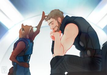 2boys animal_ears animated animated_gif artist_logo avengers:_infinity_war avengers_(series) bad_id bad_tumblr_id closed_mouth crying furry furry_male hand_on_own_hip highres logo looking_at_another male_focus marvel marvel multiple_boys petting profile raccoon_boy raccoon_ears rocket_raccoon saint_dri sitting smile standing tearing_up thor_(marvel)