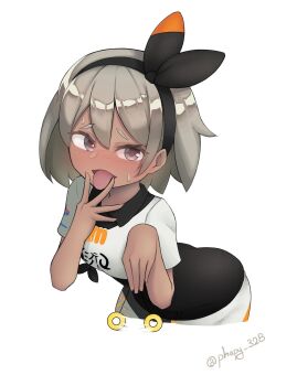 1girl artist_name bea_(pokemon) black_bodysuit black_hairband blush bodysuit bodysuit_under_clothes bow_hairband breasts coin collared_shirt commentary_request dark-skinned_female dark_skin eyelashes grey_eyes grey_hair gym_leader hair_between_eyes hairband hapy_(parkhyunjae9494) heart heart-shaped_pupils highres holding holding_string holed_coin motion_blur nintendo open_mouth pendulum pokemon pokemon_swsh print_shirt print_shorts raised_eyebrows shirt short_sleeves shorts simple_background solo string sweat symbol-shaped_pupils tongue tongue_out white_background