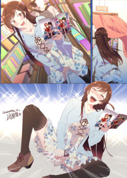 1girl 2021 2boys black_thighhighs blush book cardigan comic dated duokuma female_ejaculation female_masturbation female_orgasm highres kanojo_okarishimasu manga_(object) masturbation mizuhara_chizuru multiple_boys orgasm possessed possession sequential sitting smile thighhighs