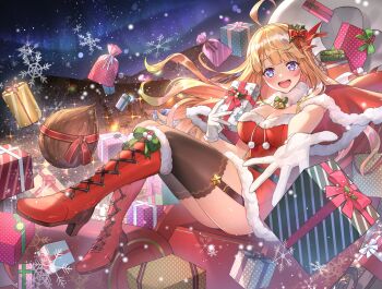 1girl ahoge artist_request bell black_garter_straps blonde_hair blue_eyes boots bow breasts capelet character_request christmas_present cleavage collar commentary_request copyright_request dress from_side full_body fur-trimmed_boots fur-trimmed_capelet fur-trimmed_dress fur-trimmed_gloves fur_collar fur_trim garter_straps gift gloves green_bow hair_bow hand_up high_heel_boots high_heels highres holding holding_gift large_breasts long_hair looking_at_viewer looking_to_the_side neck_bell night open_mouth outdoors outstretched_arm purple_eyes reaching reaching_towards_viewer reclining red_boots red_bow red_capelet red_dress short_dress sleigh smile snowflakes solo sparkle white_collar white_gloves