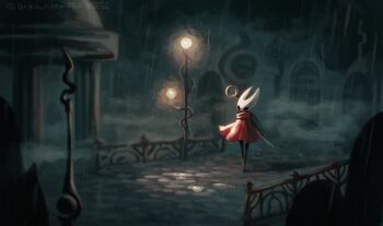 1girl arito_meew arthropod_girl black_eyes black_skin bug butterfly cloak colored_skin dark full_body hashtag-only_commentary highres hollow_eyes hollow_knight hollow_knight:_silksong horned_mask hornet_(hollow_knight) horns insect lamppost mask needle_(hollow_knight) night red_cloak signature solo twitter_username walking weapon weapon_on_back white_mask