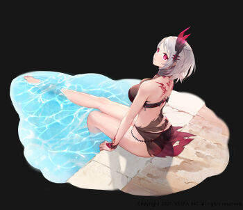 1girl back_tattoo bikini black_bikini bracelet breasts choker commentary dark_persona english_commentary ezu_(leejiyu) fallen_frey_(king's_raid) frey_(king's_raid) full_body grey_hair highres jewelry king's_raid large_breasts leg_up medium_hair official_alternate_costume official_art poolside red_eyes red_sarong sarong soaking_feet solo swimsuit tattoo torn_clothes torn_sarong water wet
