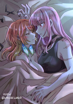 2girls absurdres alternate_costume blush breasts couple earrings feather_earrings feathers fluffy_hair gradient_hair green_highlights highres hololive hololive_english jewelry kiss_meter_(meme) large_breasts long_hair meme mori_calliope multicolored_hair multiple_girls open_mouth orange_hair pink_hair red_eyes takanashi_kiara virtual_youtuber xu_chin-wen yuri