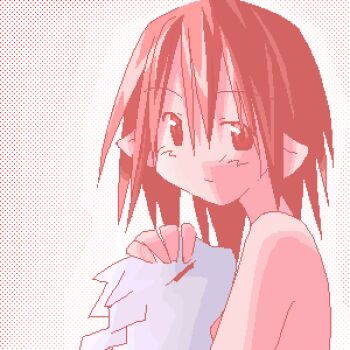 1girl archived_source asami_natsuhito closed_eyes closed_mouth creature hair_between_eyes hand_on_another&#039;s_headwear jaggy_lines long_bangs looking_at_viewer lowres medium_hair no_sclera nude original pointy_ears polka_dot polka_dot_background red_eyes smile solo straight_hair upper_body white_background