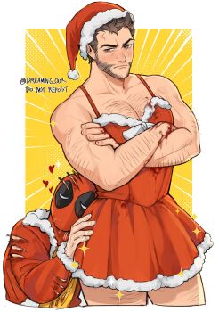 2boys anger_vein arm_hair bara bare_shoulders beard blood blood_on_clothes blood_on_hands blush bow brown_hair christmas closed_mouth collarbone couple crossdressing crossdressing_(mtf) crossed_arms cuts deadpool deadpool_&amp;_wolverine deadpool_(series) dreaming_oor dress facial_hair frown fur-trimmed_dress fur-trimmed_jacket fur_trim hat head_tilt heart highres injury jacket large_pectorals leaning_on_person leg_hair long_sleeves looking_at_viewer male_focus marvel marvel mask multiple_boys muscular muscular_male pectoral_cleavage pectorals pom_pom_(clothes) red_dress red_hat red_jacket red_mask santa_costume santa_hat shirt short_dress short_hair spaghetti_strap standing thighs torn_clothes veins veiny_arms wolverine_(x-men) x-men yaoi yellow_shirt