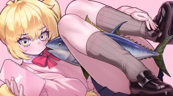 1girl akita_neru alternate_costume animal antenna_hair black_shoes black_skirt blonde_hair blush bow bowtie cellphone closed_mouth fingernails flat_chest grey_socks hair_between_eyes highres holding holding_phone hyeonin_gentora kneehighs legs_up long_sleeves looking_at_viewer lying mary_janes miniskirt on_back phone pink_background pink_sweater red_bow red_bowtie ribbed_socks shoes side_ponytail skirt smartphone socks solo sweater vocaloid yellow_eyes zako_(vocaloid)