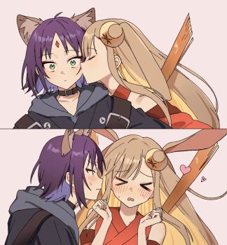 animal_ears black_choker blush brown_hair choker chou_kaguya-hime! commentary_request crescent crescent_hair_ornament fox_ears fox_girl fox_tail hair_ornament highres kaguya_(chou_kaguya-hime!) kiss kissing_cheek mosa_1120 purple_hair rabbit_ears rabbit_girl sakayori_iroha tail