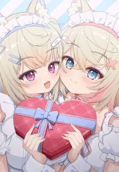 2girls animal_ear_fluff animal_ears bandaid bandaid_hair_ornament blue_eyes blue_nails blue_ribbon blush box box_of_chocolates commentary_request crossed_bangs dog_ears dog_girl dot_nose dress fingernails fuwawa_abyssgard hair_between_eyes hair_ornament hairclip happy highres hololive hololive_english long_fingernails looking_at_viewer maid_headdress mococo_abyssgard multiple_girls neck_ribbon nishikigishuika open_mouth pink_nails pink_ribbon purple_eyes raised_eyebrows ribbon short_sleeves siblings sisters smile striped_background twins upper_body virtual_youtuber white_dress white_wrist_cuffs wrist_cuffs x_hair_ornament