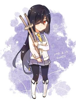 Rule 34 | 1girl, artist name, black hair, black pantyhose, blush, boots, chibi, closed mouth, collared shirt, commentary request, dated, full body, hair over one eye, highres, holding, holding sword, holding weapon, jacket, katana, knee boots, kumin (6939359), long hair, long sleeves, looking at viewer, necktie, one eye covered, origami yukari, pantyhose, pleated skirt, purple sailor collar, purple skirt, red eyes, renpu girls school uniform, sailor collar, school uniform, shirt, skirt, solo, standing, sword, toji no miko, very long hair, weapon, white boots, white shirt, winter uniform, yellow necktie