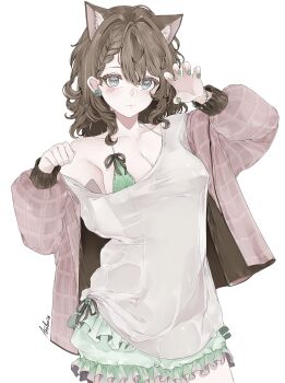 1girl animal_ears apolonia-07 blush brown_hair cat_ears cat_girl colorful_festival_(project_sekai) earrings fingernails grey_eyes hanasato_minori highres ibispaint_(medium) jewelry long_sleeves project_sekai shirt shorts simple_background smile white_shirt