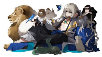 1boy bird blonde_hair blue_eyes bug butterfly dog fate/grand_order fate_(series) full_body hair_tubes highres insect jewelry lion long_hair long_sleeves low-tied_sidelocks male_focus monkey navel necklace noah_(third_ascension)_(fate) pants rabbit robe sheep sidelocks simple_background sitting smile snake solo turtle white_background yamabuki_otk