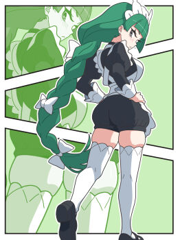 1girl apron black_shorts bow braid full_body green_hair hair_bow highres juliet_sleeves kanbei_(pixiv11037490) lebanne_(pokemon) long_hair long_sleeves looking_back maid maid_headdress nintendo pokemon pokemon_legends:_z-a puffy_sleeves shorts shy single_braid solo thighhighs thighs white_apron white_bow white_thighhighs zettai_ryouiki zoom_layer