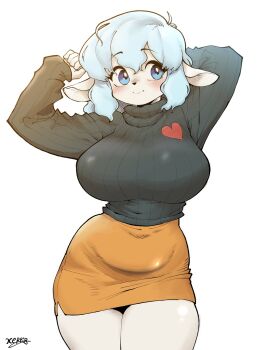 1girl animal_ears arm_behind_head arms_up artist_name black_sweater blue_eyes blue_hair blush breasts closed_mouth furry furry_female highres large_breasts long_sleeves looking_at_viewer orange_skirt original pencil_skirt ribbed_sweater sheep_ears sheep_girl short_hair sidelocks simple_background skirt solo sweater turtleneck turtleneck_sweater white_background xeppir